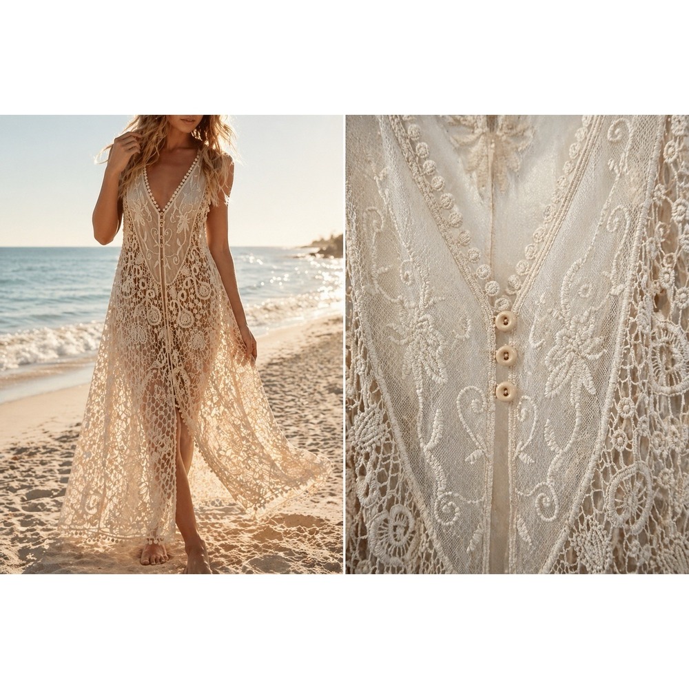 NWT Cliche Couture Cream Crochet Lace Maxi Duster Vest M/L Boho Long Overlay